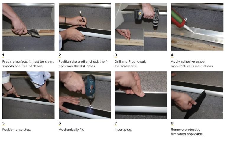 Installing step profile with drill and adhesive.