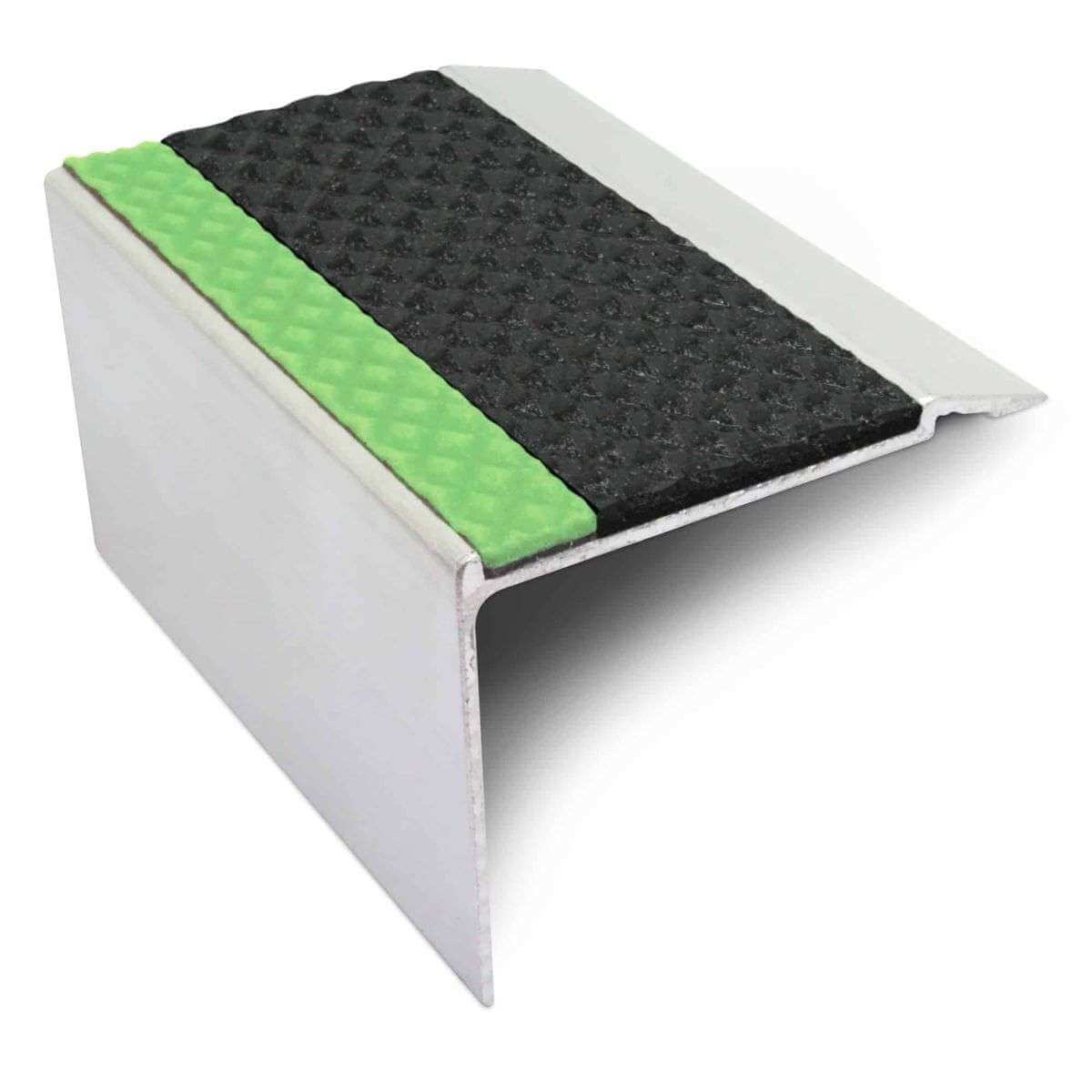 Aluminium stair nosing with green anti-slip insert.