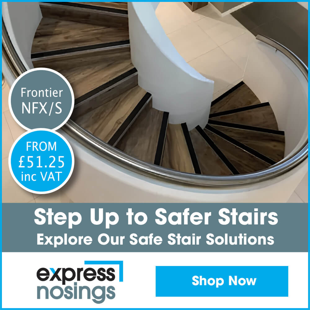 Curved stairs with safety nosings advertisement.